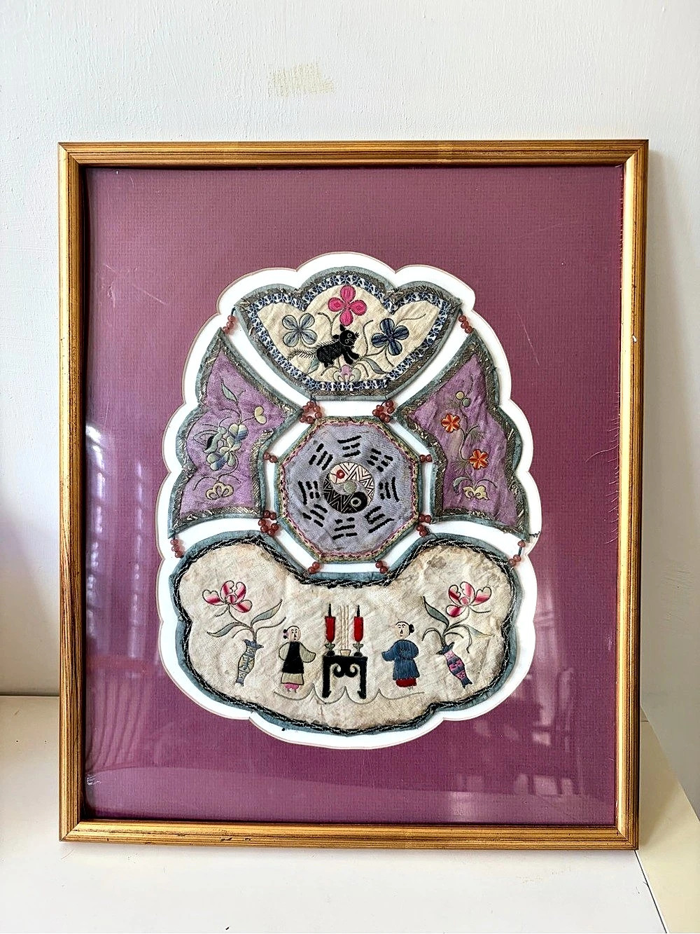 Antique Chinese Embroidery Brocade Collar Qing Dynasty Floral Arts 14.5” * 17”